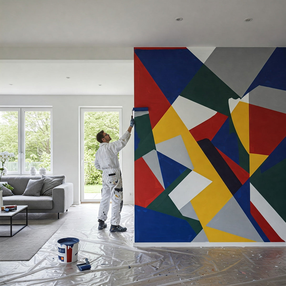 Imbianchino che dipinge una parete interna con decorazione geometrica multicolore in un soggiorno