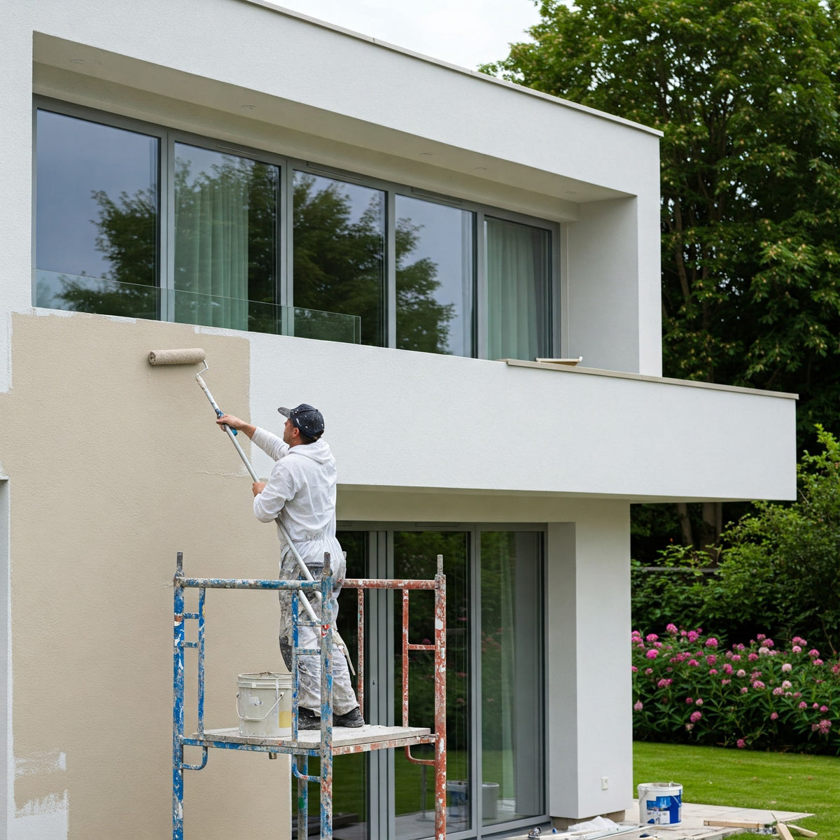 Imbianchino su trabattello che applica pittura sulla facciata di un'abitazione moderna