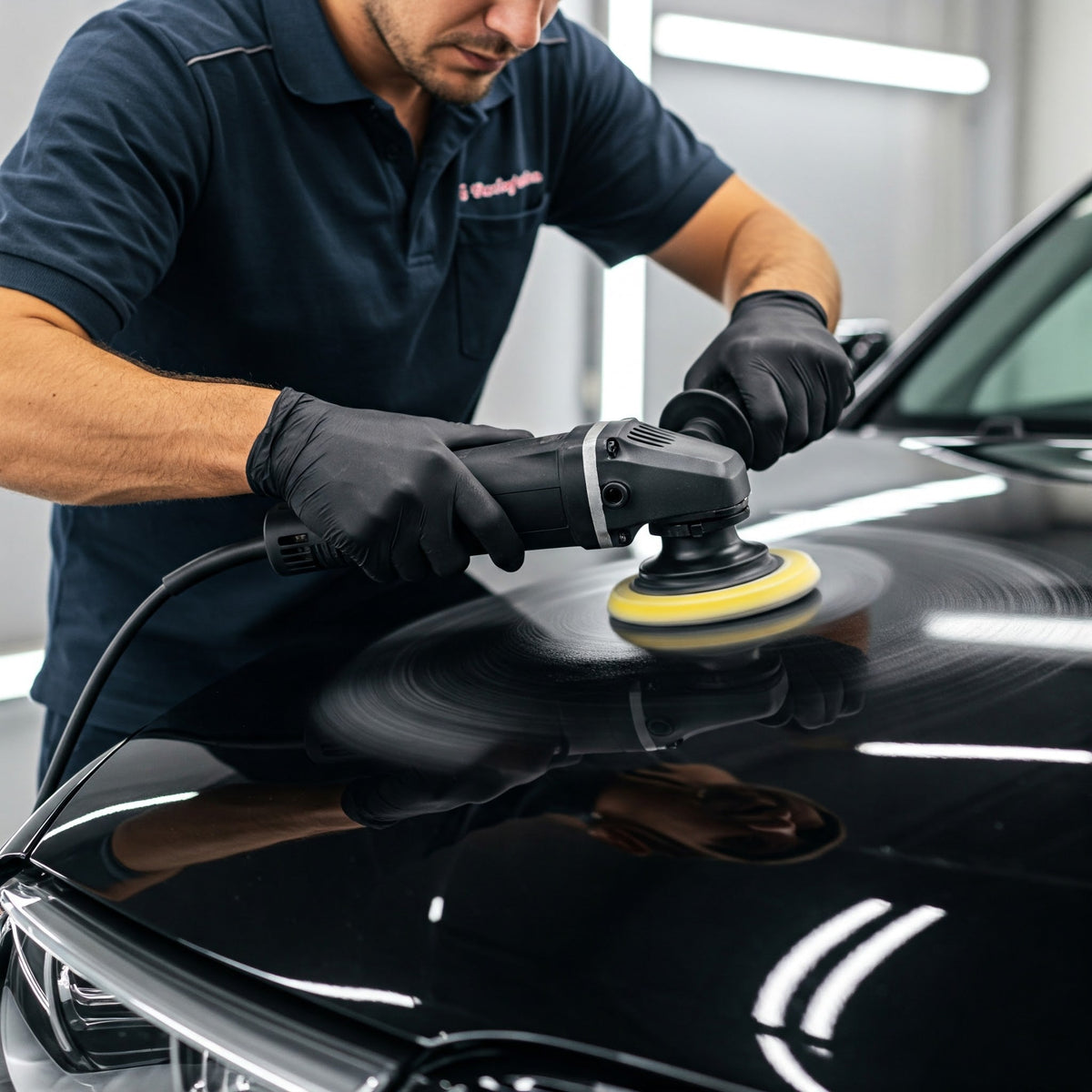 Operatore che lucida con lucidatrice orbitale il cofano di un'auto nera
