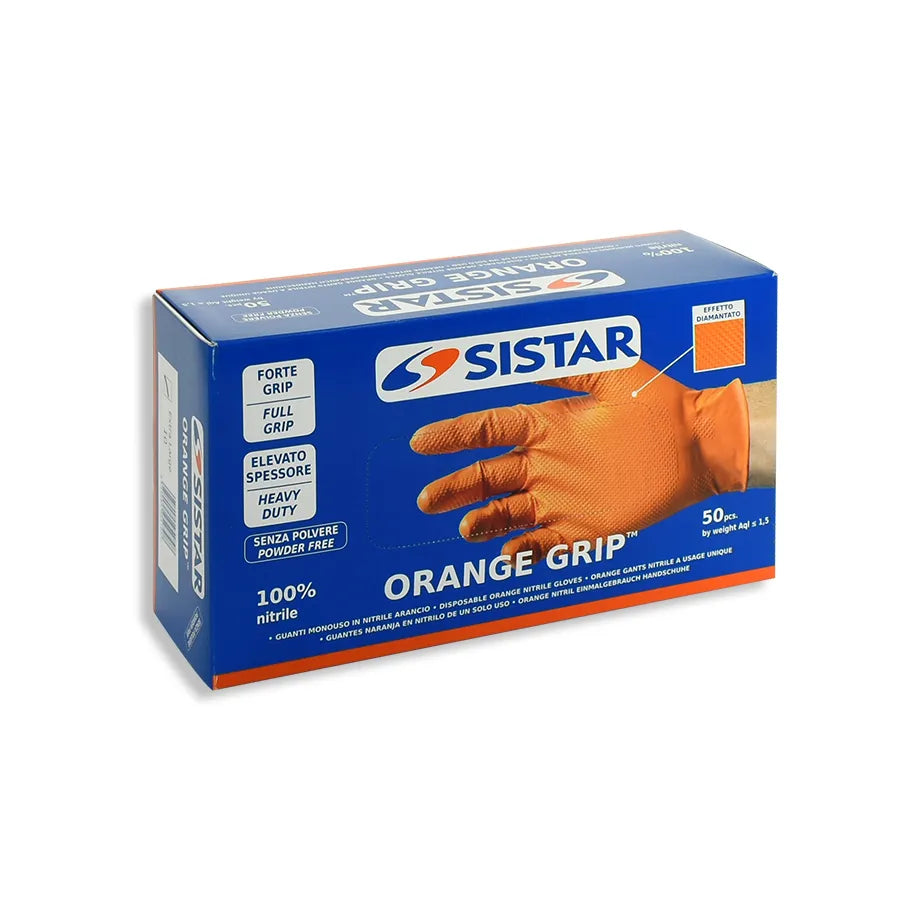 Guanti in nitrile Sistar Orange Grip con superficie ruvida per una presa sicura anche con le mani unte