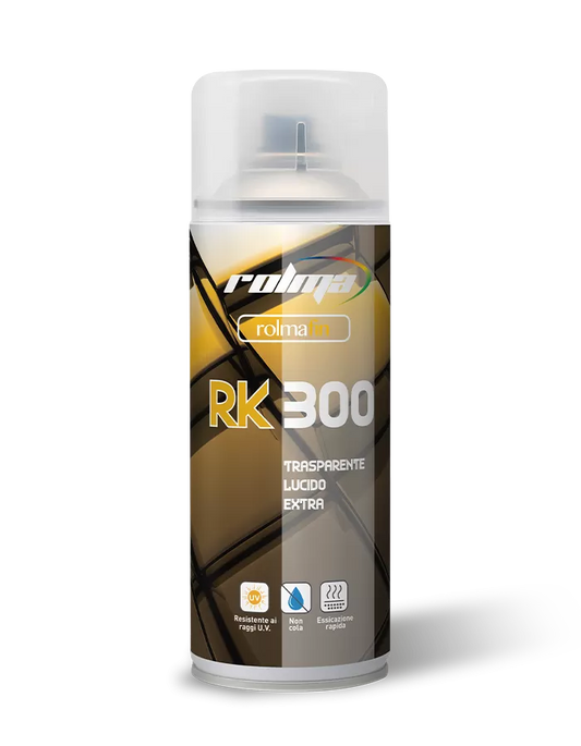 Trasparente spray lucido ultraresistente Rolma RK300 per la finitura di ritocchi e riparazioni