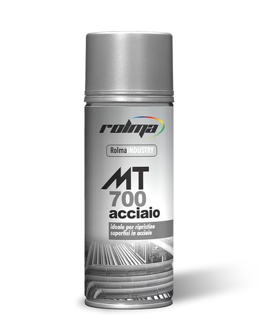 Spray Rolma MT700 effetto acciaio per il ripristino estetico di superfici metalliche