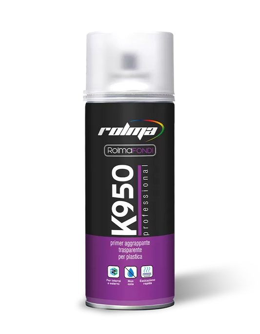 Primer spray aggrappante trasparente Rolma K950 per la verniciatura di supporti in plastica